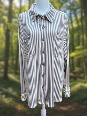 Perch by Blu Pepper 1X Mocha Stripe Button Up Blouse Relaxed Fit Top Pockets